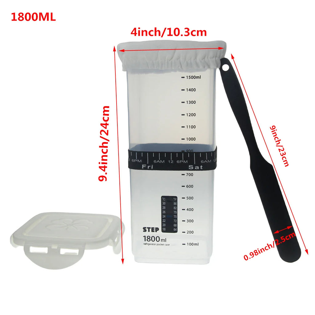 Kit Bocal à Levain 1800ml – Thermomètre, Spatule & Couvercle Respirant Inclus